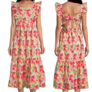 Peyton & Parker‎ Ruffled Flutter Sleeve Tie Back Pink Floral Print Maxi Dress LG